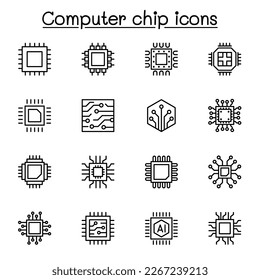 Computer chip icon set in line style