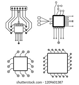 Computer chip icons set. Accessories for digital devices. CPU. Computer architecture, combination of microarchitecture.