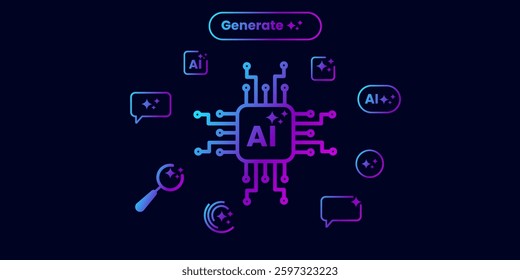 Computer chip with magnifying glass speech bubbles