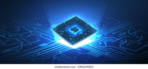 Computer chip. Microprocessor in digital hand on circuit board. Semiconductor manufacturing, Computer chip, Processor technology, PCB manufacturing, Quantum computing, GPU processing, Microchip design