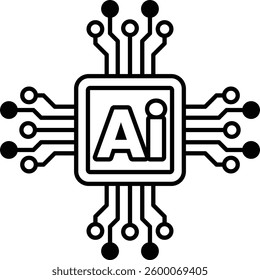 A computer chip with a outline and the letters AI In black and white line style