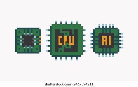 Computer chip pixel art set. CPU, AI microchip collection. Electric circuit 8 bit. Game development, mobile app. Isolated vector illustration. 