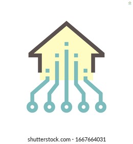 Computer chip processor and home for smart home technology concept vector icon design, 48X48 pixel perfect and editable stroke.