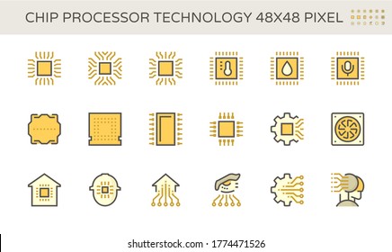 Computer chip processor and technology vector icon set, 48X48 pixel perfect and editable stroke.