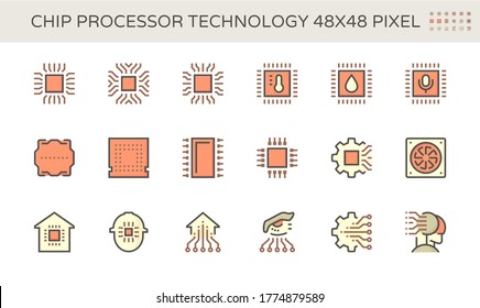 Computer chip processor and technology vector icon set, 48X48 pixel perfect and editable stroke.