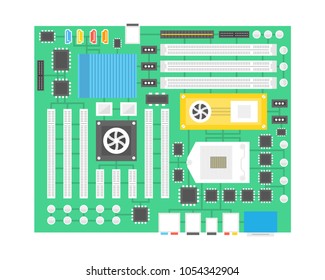 Computer chip technology processor circuit and computer motherboard information system. Flat cartoon style. Vector illustration.
