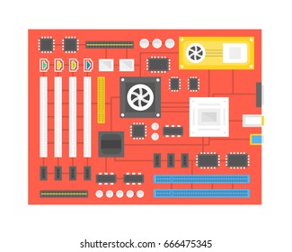 Computer chip technology processor circuit and computer motherboard information system. Flat cartoon style. Vector illustration.