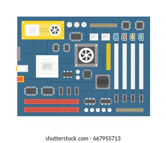 Computer chip technology processor circuit and computer motherboard information system. Flat cartoon style. Vector illustration.