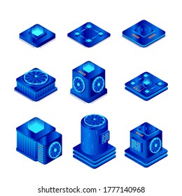 Computer chip vector illustration set. Isometric CPU chip isolated on white background. Central processor unit