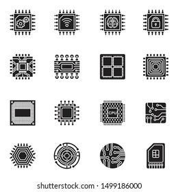 Computer Chips and Electronic Circuit icons flat with white background. 