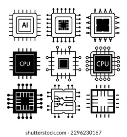 Computer chips and electronic circuit icons.