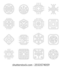 Computer Chips and Electronic Circuit icons in thin line style