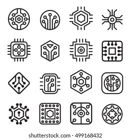Computer Chips and Electronic Circuit icons in thin line style