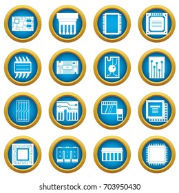 Computer chips icons blue circle set isolated on white for digital marketing
