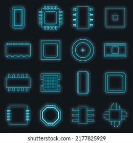 Computer chips icons set. Illustration of 16 computer chips vector icons neon color on black