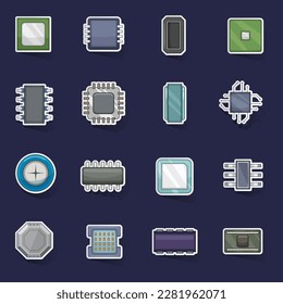 Iconos de chips de computadora establecen vectores de colección de agitadores con sombra sobre fondo púrpura