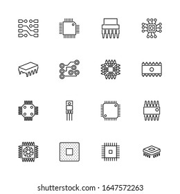 Computer Chips, Processor outline icons set - Black symbol on white background. Flat Vector thin line Icon editable stroke