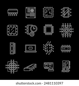 Computer chips, white line icons. Electronic circuits and components. Essential for technology and computing themes. Symbols on black background. Editable stroke.