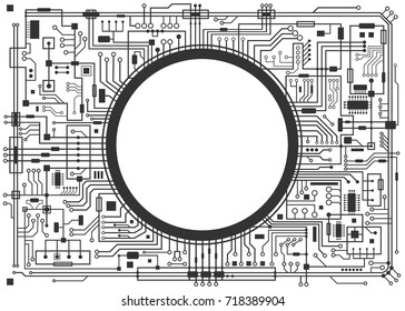 Computer circuit board with copy-space. Vector black illustration isolated on white.