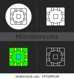 Computer circuit board dark theme icon. Small components which allow device to work without bugs and troubles. Linear white, simple glyph and RGB color styles. Isolated vector illustrations