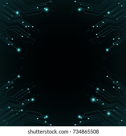 Computer circuit board. Luminous connectors are blue. Sci-fi technologies. Vector illustration