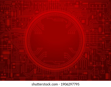 Computer circuit board. Red background with copy-space