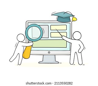 Computer class concept with studing people, magnifying glass. Vector illustration of teamwork and education symbols. Hand drawn cartoon icon for school subject design.