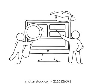 Computer class concept with studing people, magnifying glass. Vector illustration of teamwork and education symbols. Hand drawn cartoon icon for school subject design.