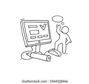 Computer class with little man studying. cute miniature Doodle character and learning symbols. Hand drawn cartoon vector illustration for school subject design.