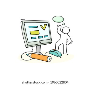 Computer class with studing little man. Doodle cute miniature of teamwork and learning symbols. Hand drawn cartoon vector illustration for school subject design.