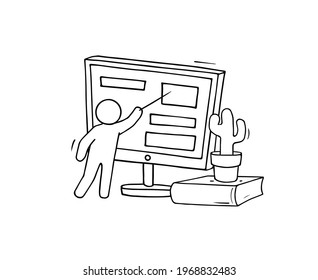 Computer class with studing little man. Doodle cute miniature about education and computer. Hand drawn cartoon vector illustration for school subject design.