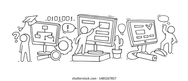 Computer class with studing little people. Doodle cute miniature of teamwork and learning symbols. Hand drawn cartoon vector illustration for school subject design.