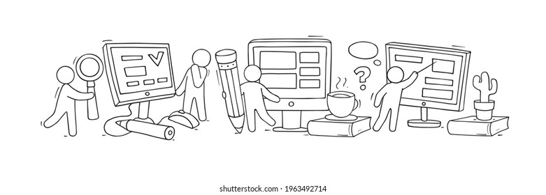 Computer class with studing little people. Doodle cute miniature of teamwork and learning symbols. Hand drawn cartoon vector illustration for school subject design.