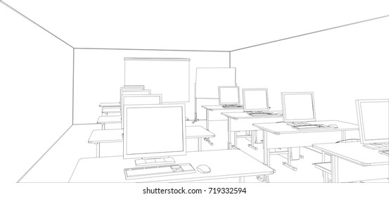 Computer class with tables and computers. Vector illustration rendering of 3d