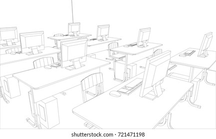 Computer class with tables and computers. Vector illustration rendering of 3d