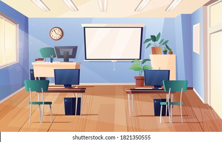 Computer classroom. Cartoon interior with board, clock on the wall, monitor,  personal computers on desks, teacher table, books, plants in spots. Vector illustration.