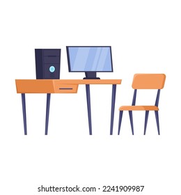 Computer classroom interior cartoon illustration. Desk with computer and chair isolated on white background. School, study, education, equipment concept
