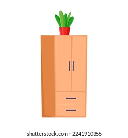 Computer classroom interior cartoon illustration. Wooden cabinet with flower pot on top isolated on white background. School, study, education, equipment concept