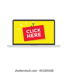 Computer with Click Here Message, Clickbait. vector