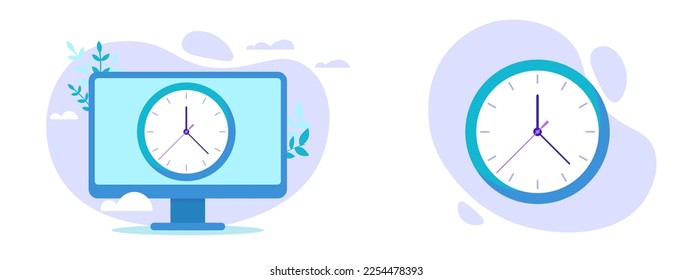 Computer and clock icon, working time logo. Time is money. Vector illustration of working time. 10 EPS - Shutterstock ID 2254478393