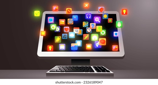 Computer with cloud of app icons on the screen. Application store concept. Vector illustration