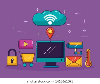 computer cloud computing location email shopping security wifi free connection vector illustration