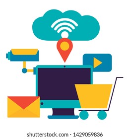 computer cloud computing location email shopping security wifi free connection vector illustration