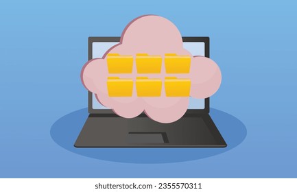 computer with cloud computing technology file folder documents.on blue background.Vector Design Illustration.
