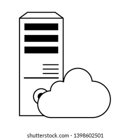 computer and cloud icon cartoon in black and white