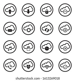 Computer Cloud Icons. Black Flat Design In Circle. Vector Illustration.