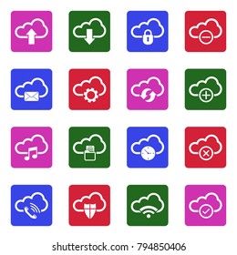Computer Cloud Icons. Set 1. White Flat Design In Square. Vector Illustration. 