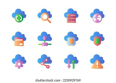 Computer cloud icons set in color flat design. Pack of sync, search, database equipment, internet, file, information, access, microchip, data and other. Vector pictograms for web sites and mobile app
