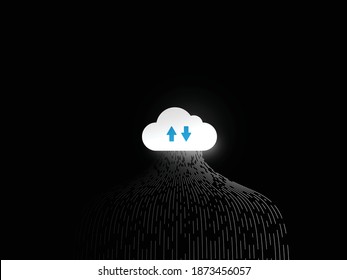 Computer cloud service technology vector background on dark backdrop. Two multidirectional blue arrows, data flow. Cloud storage illustration with abstract connect lines converge in the center.