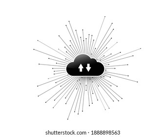 Computer cloud service technology vector background. Two multidirectional arrows. Cloud storage illustration with abstract connect lines and dots converge in the center
